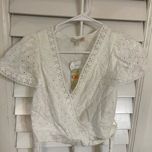 Gianni Bini Cross Over Top Womens small White Lace Tied Blouse